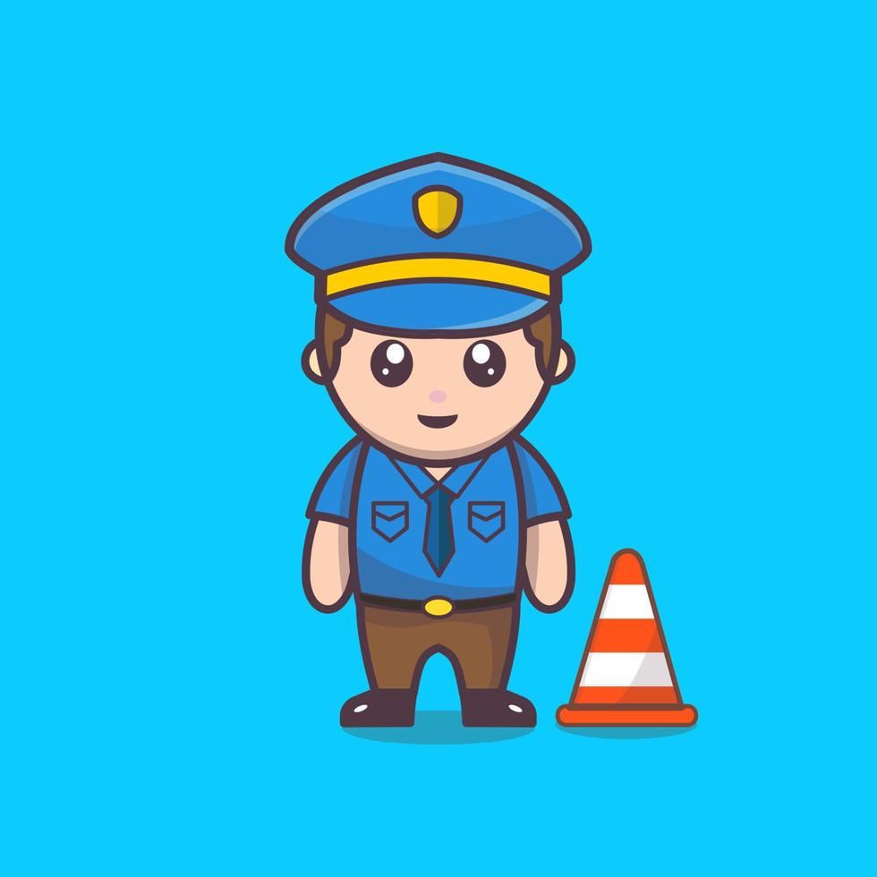 Illustration of a police officer of a man working with a smile. Crossing guard. Control, pedestrians safety. Vector illustration, flat character cartoon style. Isolated on blue background.