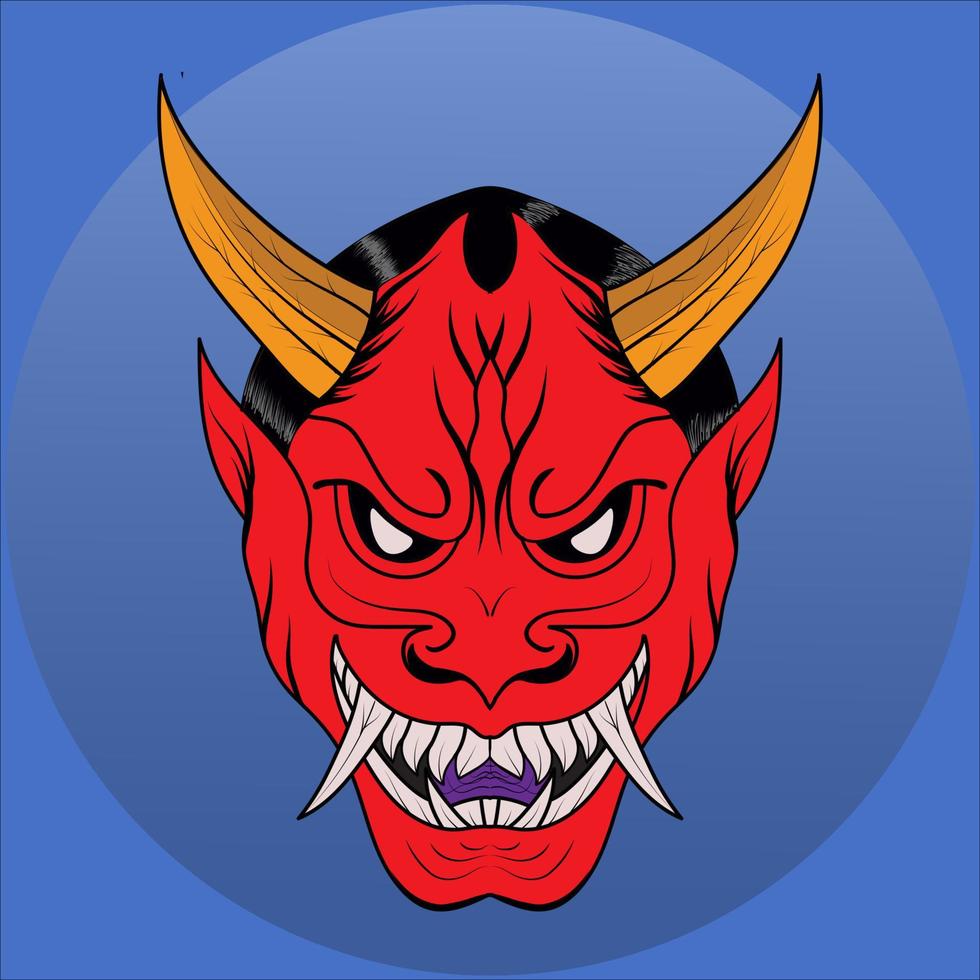 Red oni mask with blue background vector illustration. Hanya art of Asia the traditional japanese demon. Design for t-shirt, sticker, or poster.