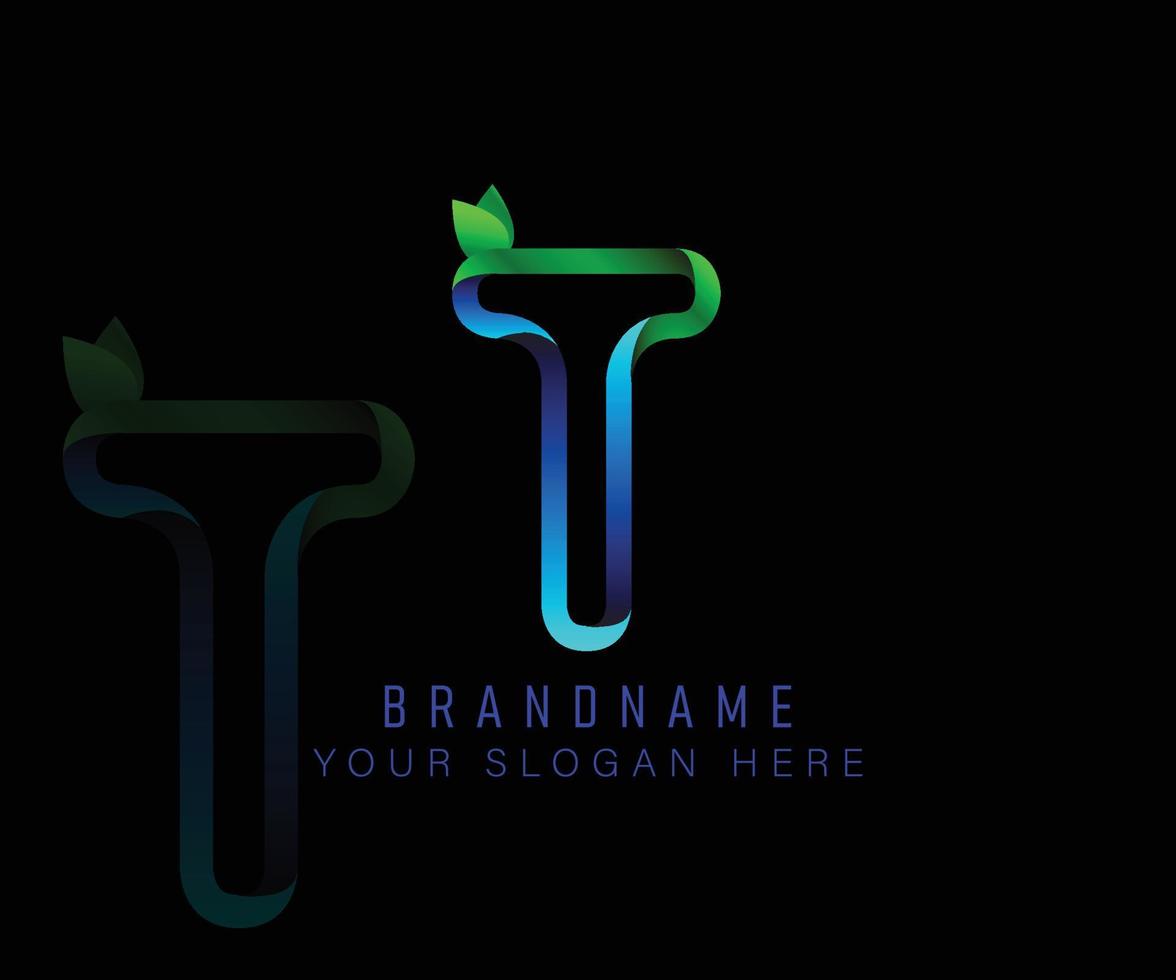 Initial logo letter T with gradient green leaf and blue water template. Vector design template elements for your ecology application or corporate identity.