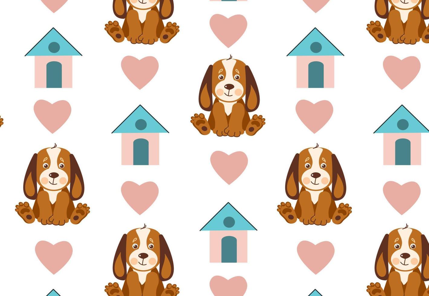 Seamless cute puppy dog pattern. Cartoon funny and happy dog character. Cartoon vector illustration
