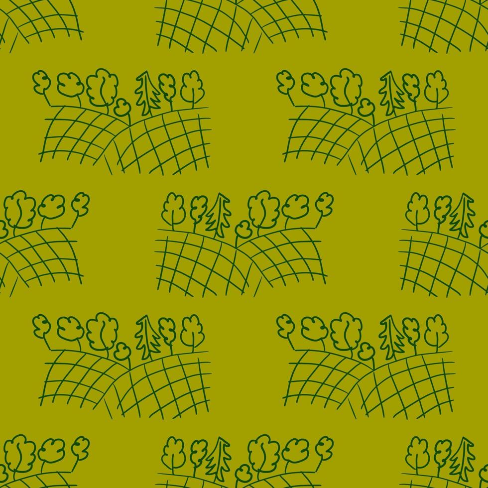 Cute freehand drawing of green field seamless pattern, rustic background. Environment card, rural landscape. vector