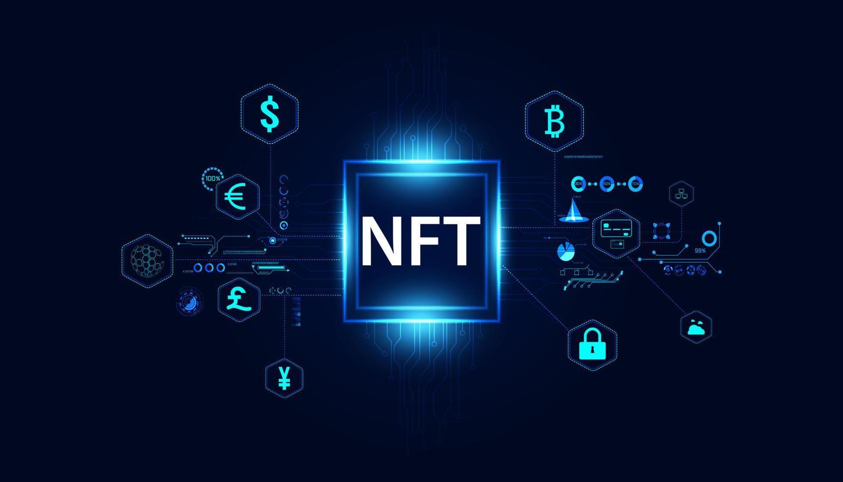 concepto abstracto de imagen digital ntf nft digital finance símbolo insustituible el único arte original en el sistema. sobre un fondo moderno azul futurista digital vector
