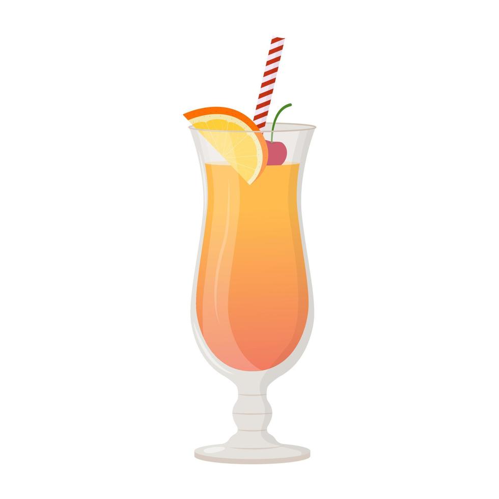 Summer alcoholic drink, tropical cocktail. Tequila sunrise. Beach party concept. Flat vector illustration.