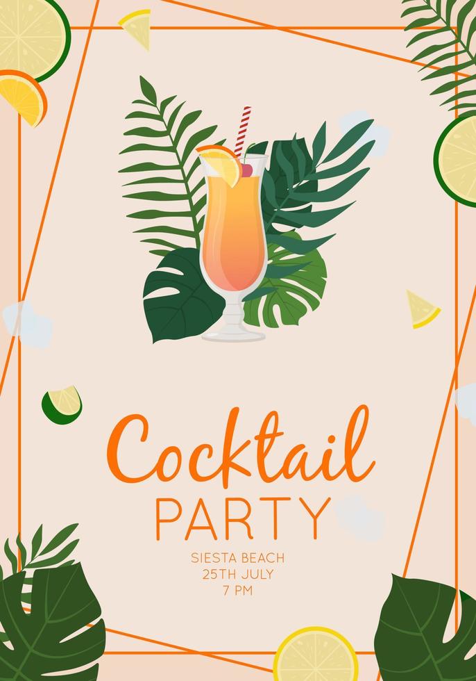 Summer alcoholic drink, tropical cocktail. Tequila sunrise.. Beach party concept. Beautiful greeting card, invitation for summer party. Flat vector illustration