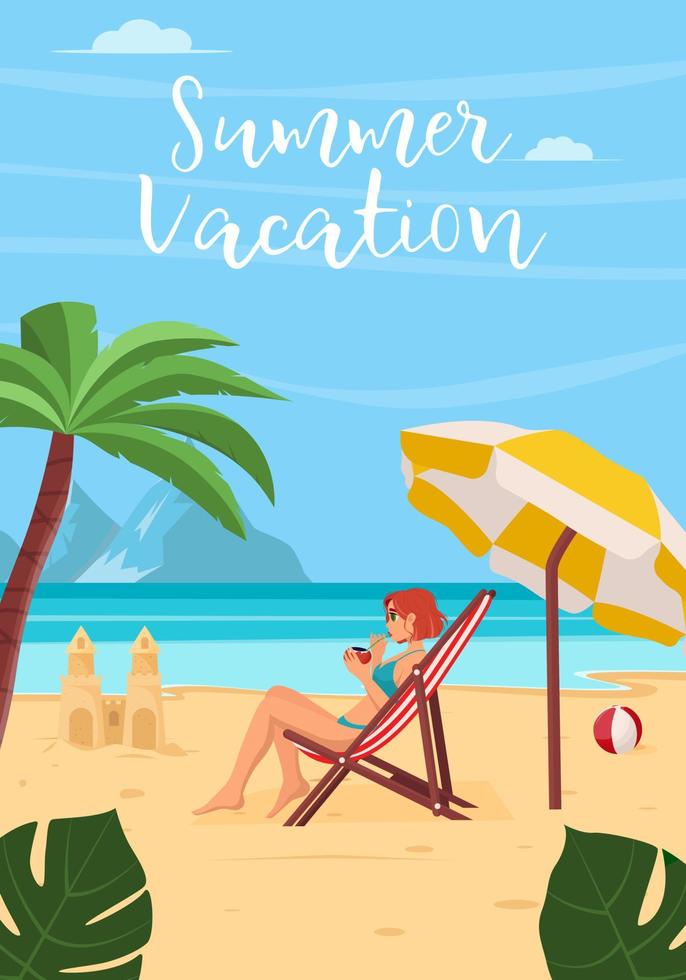 Summer vacation concept background. Beautiful summer beach landscape with sea, palm trees, sand castle. A girl is resting on a chaise longue. Flat vector illustration for poster, banner, flyer