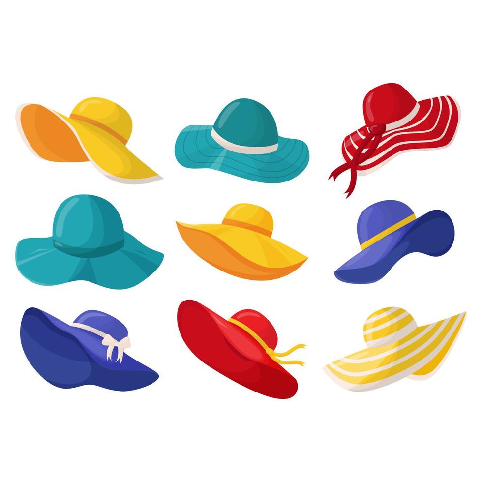conjunto de hermosos sombreros de verano para mujeres en diferentes colores y estilos. sombreros femeninos de verano con estilo. un accesorio de moda para unas vacaciones en el mar en países cálidos. ilustración vectorial plana vector
