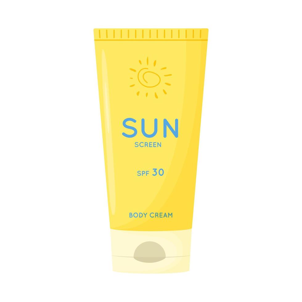Skin care product. Sun safety, UV protection cream. Tube of sunscreen product with SPF. Summer cosmetic. Flat vector illustration isolated on white background