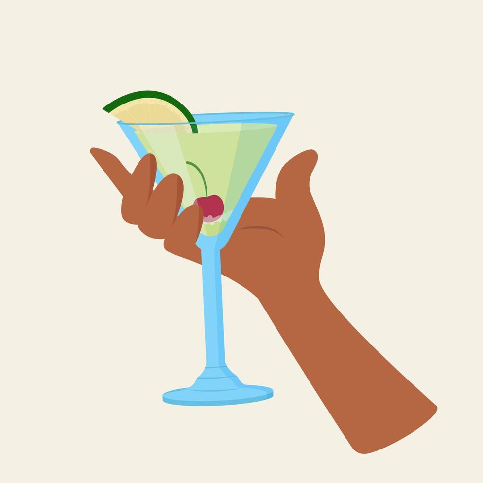 Woman's hand hold cocktail glass. Summer beverage and drink concept. Flat vector Illustration.