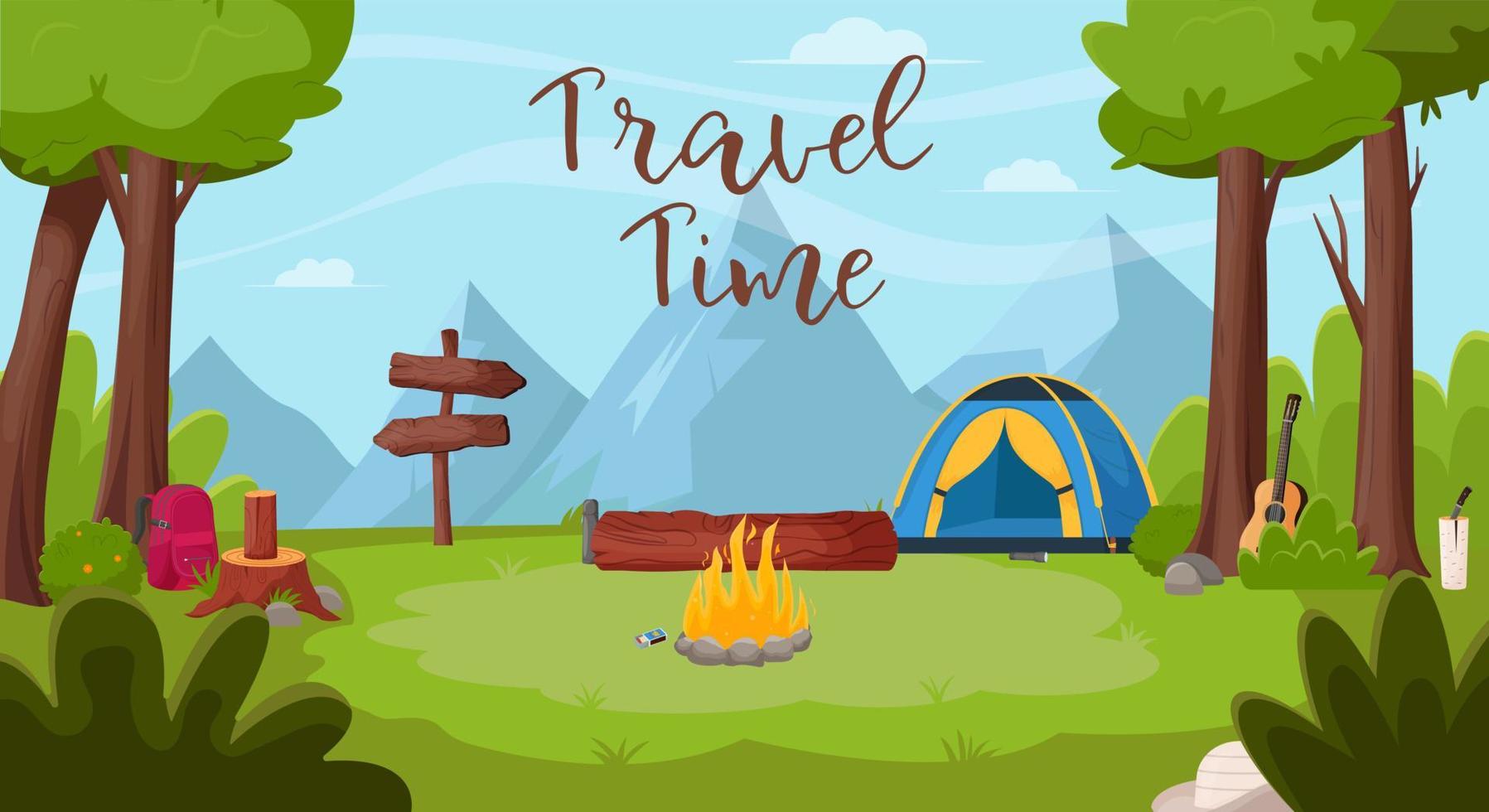 Summer landscape in the forest. Summertime camping, hiking, camper, adventure time concept. Flat vector illustration for poster, banner, flyer.