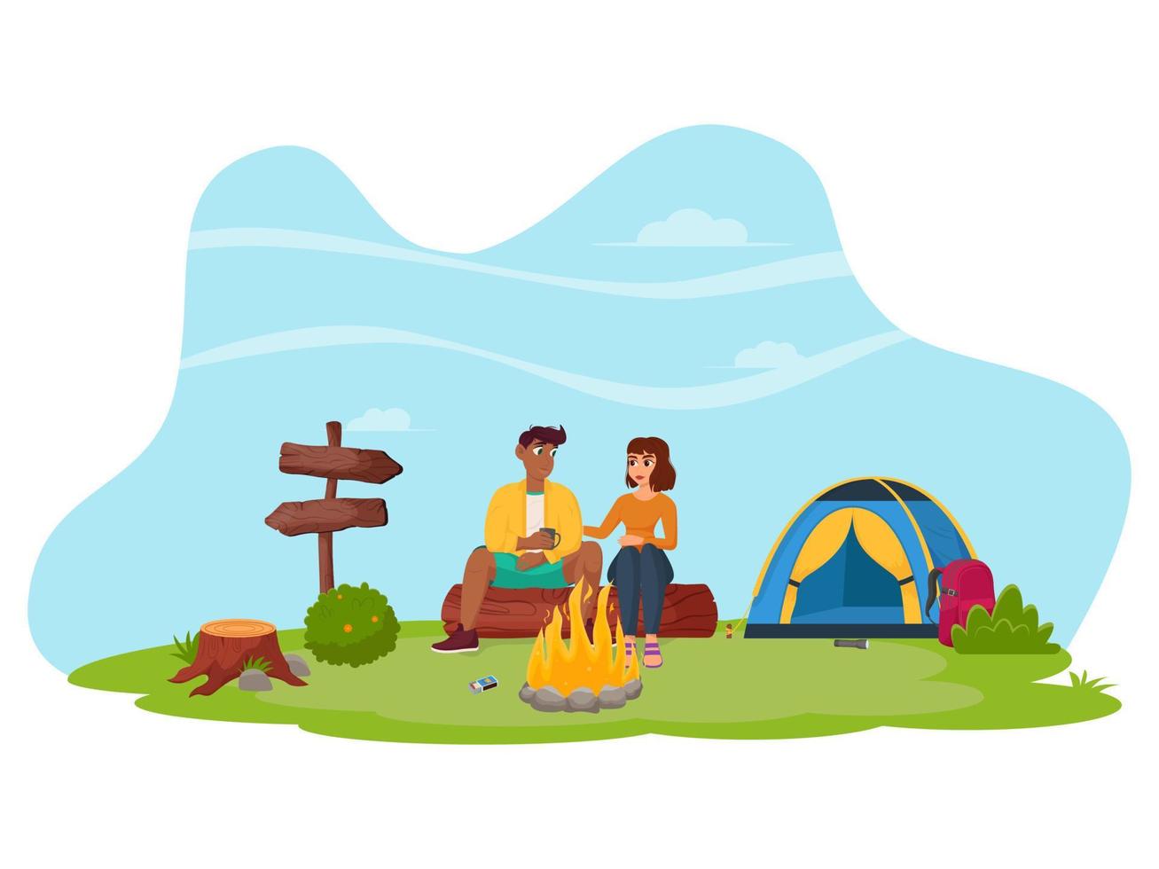 A young couple is sitting by a campfire in nature. Summertime camping, hiking, camper, adventure time concept. Flat vector illustration for poster, banner, flyer.