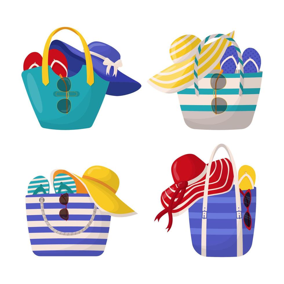 Set of colorful women's summer bags with beach accessories. Set of summer design elements. vector