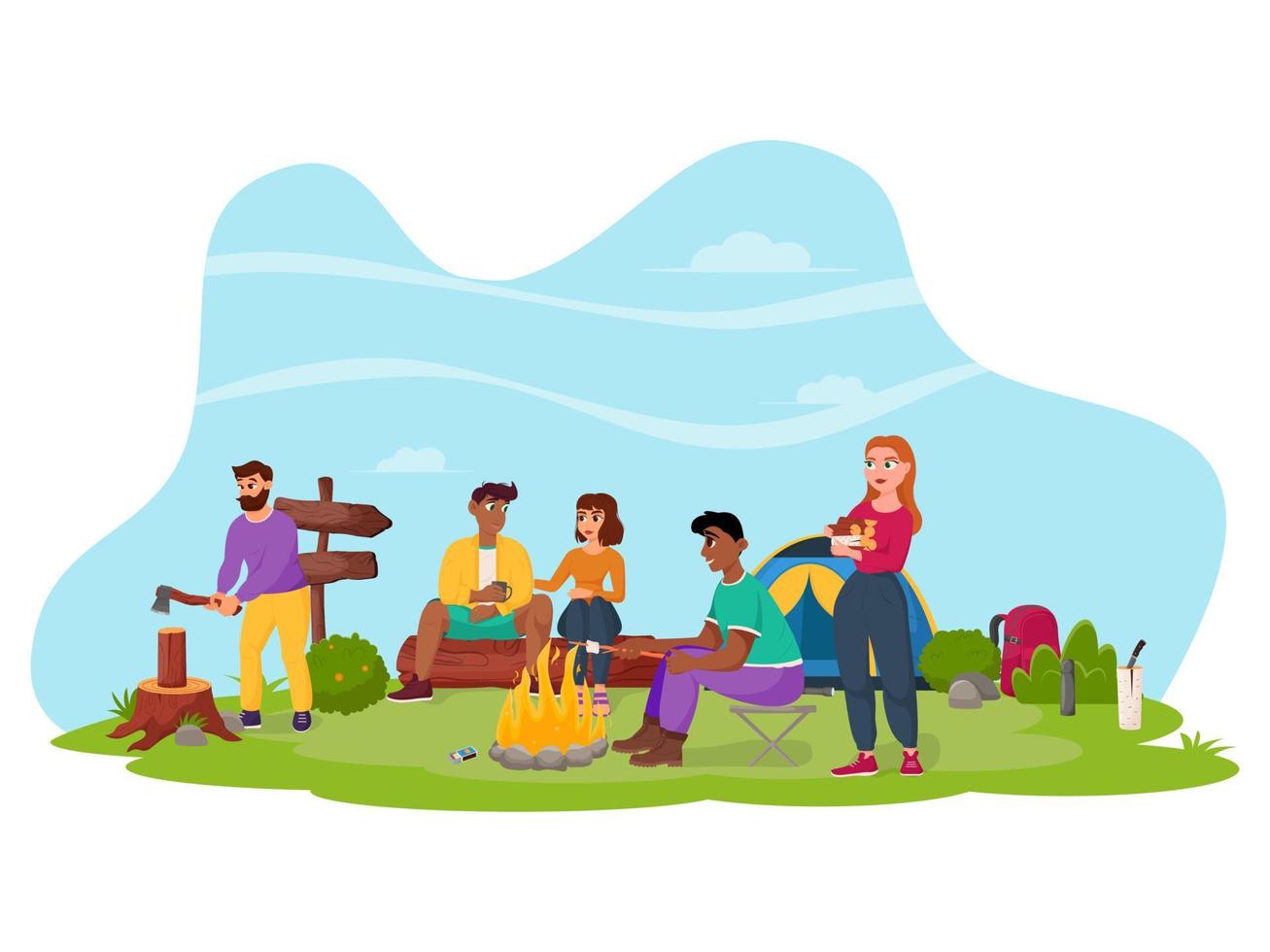 Friends relax in nature. Summertime camping, hiking, camper, adventure time concept. Flat vector illustration for poster, banner, flyer.