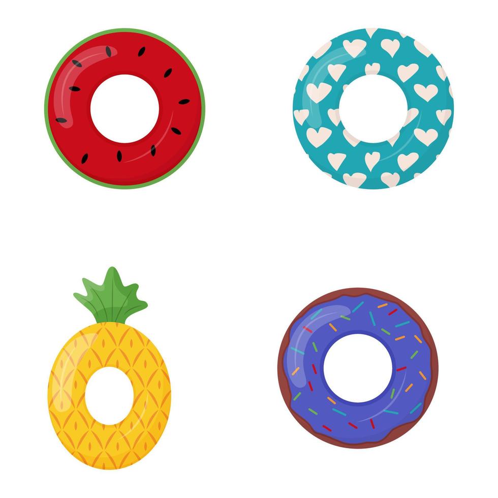 Collection of rubber swimming rings with cake, avocado, pineapple, watermelon and other ornaments painting on it. Life saving floating lifebuoy for beach. Symbols of vacation or holiday. vector