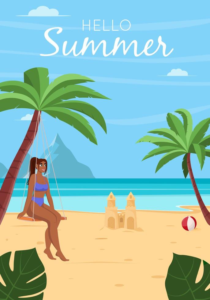 Summer vacation concept background. Beautiful summer beach landscape with sea, palm trees, sand castle. Girl is sitting on a swing. Flat vector illustration for poster, banner, flyer