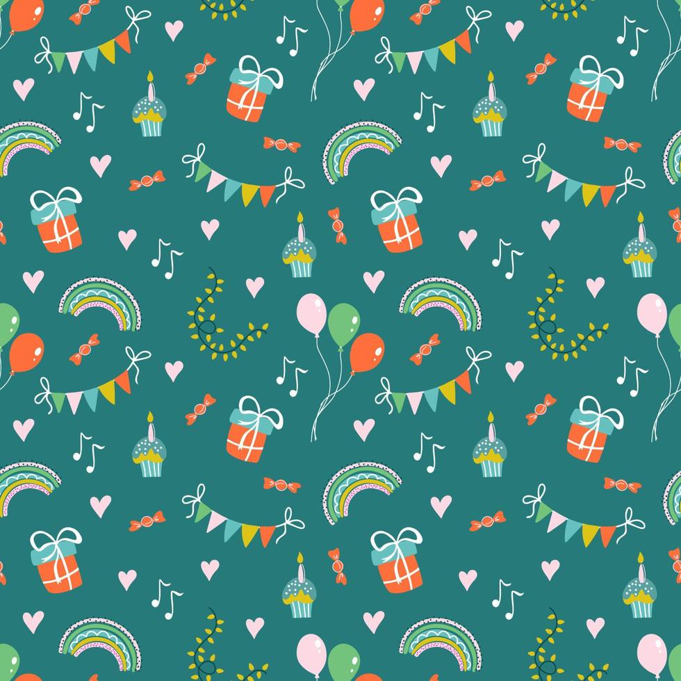 Cute birthday seamless pattern. Abstract print for kids party and baby shower. Vector background for decorating nursery, fabric, wrapping paper.