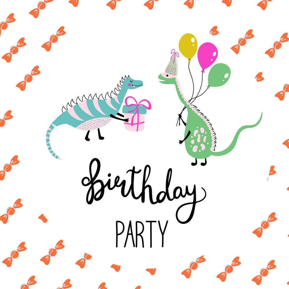 Vector illustration for Birthday partry. Cheerful print with dinos, gift, balloons and Birthday party lettering. Cute illustration for invitation cards, textile and party decorations.