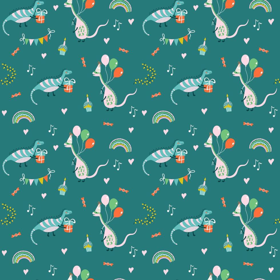 Cute dinosaur birthday seamless pattern. Abstract print for kids party and baby shower. Vector background for decorating nursery, fabric, wrapping paper.