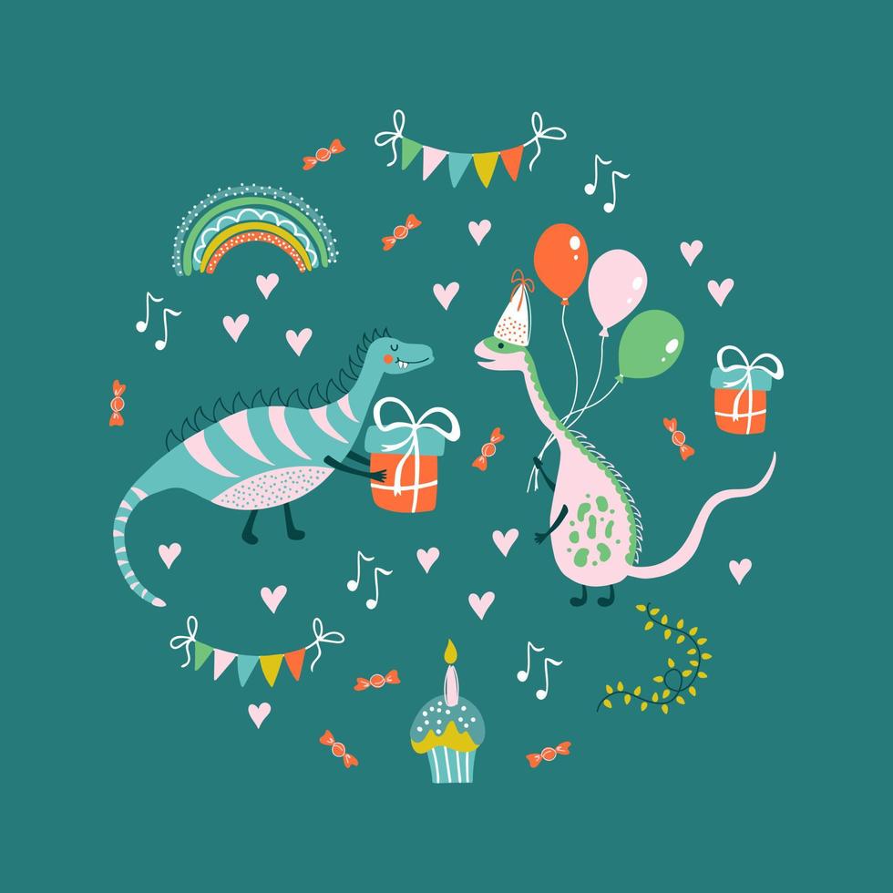 Cute vector collection with dinosaurs. Happy Birthday theme. Colorful hand drawn illustrations for kids party decorations, cards, invitations.