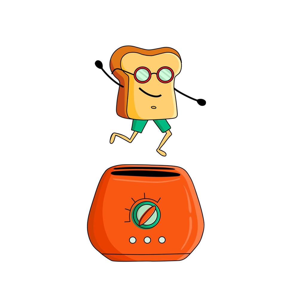 Cute cartoon character. Vector illustration of toaster spidered out a piece of bread. Funny person for merch design, menu, emblems.