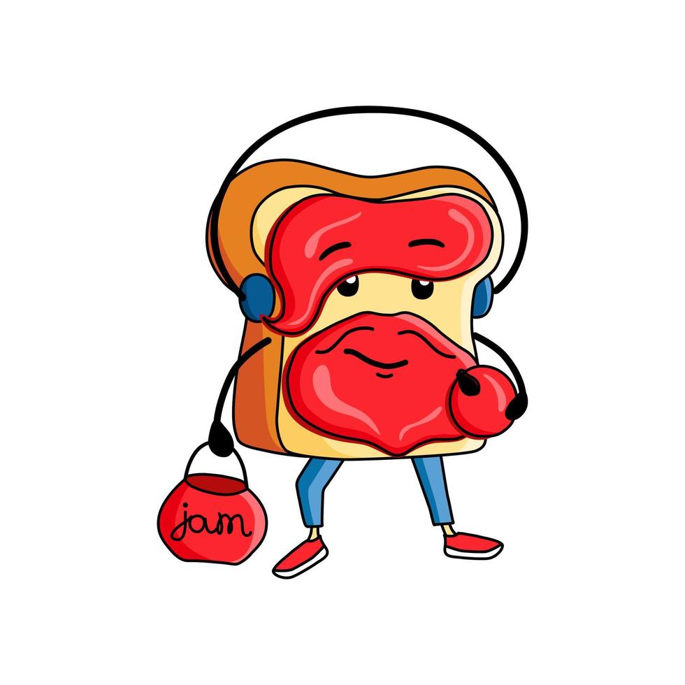Cute cartoon character. Vector illustration of toast with jam. Funny person for merch design, menu, emblems.