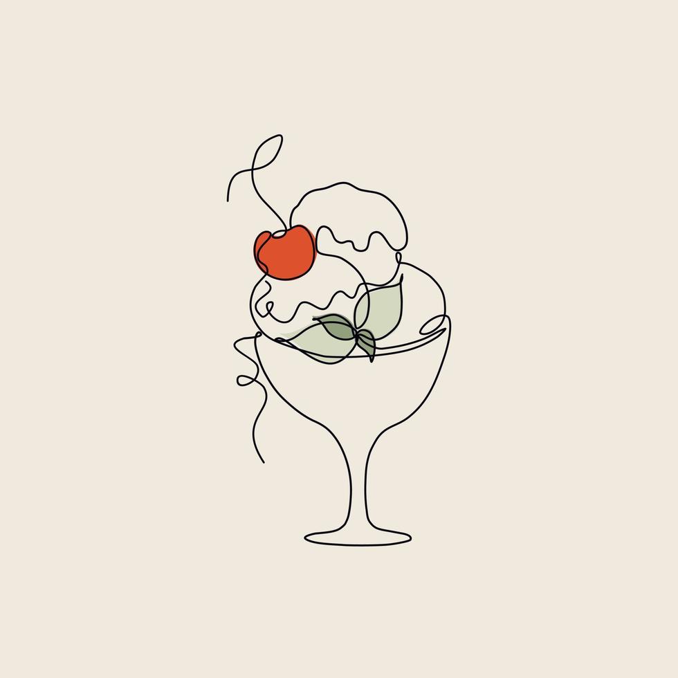 Line art style ice cream, sweet dessert with cherry on the top and mint. Minimalistic vector illustration for logo, card, invitation.