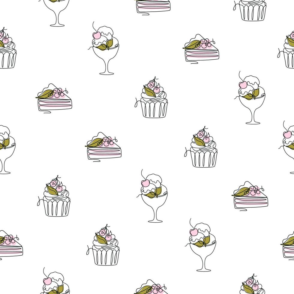Seamless pattern with line art style desserts - cake, pie, ice cream. Vector texture on white background. Cute minimalistic illustration for fabric, textile, wrapping, scrapbooking.