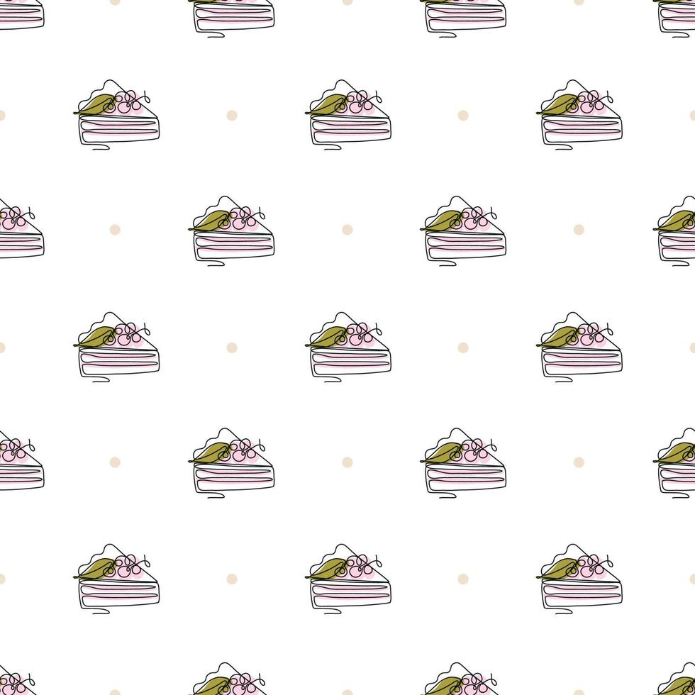 Seamless pattern with line art style cake. Vector texture in gentle colors. Cute illustration for menu, paper, fabric, textile, wrapping, scrapbooking, wedding party.