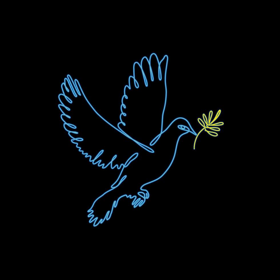 Symbol of peace with colors of Ukranian flag on black backdrop. Support of Ukraine concept. Continuous line dove with olive branch. vector