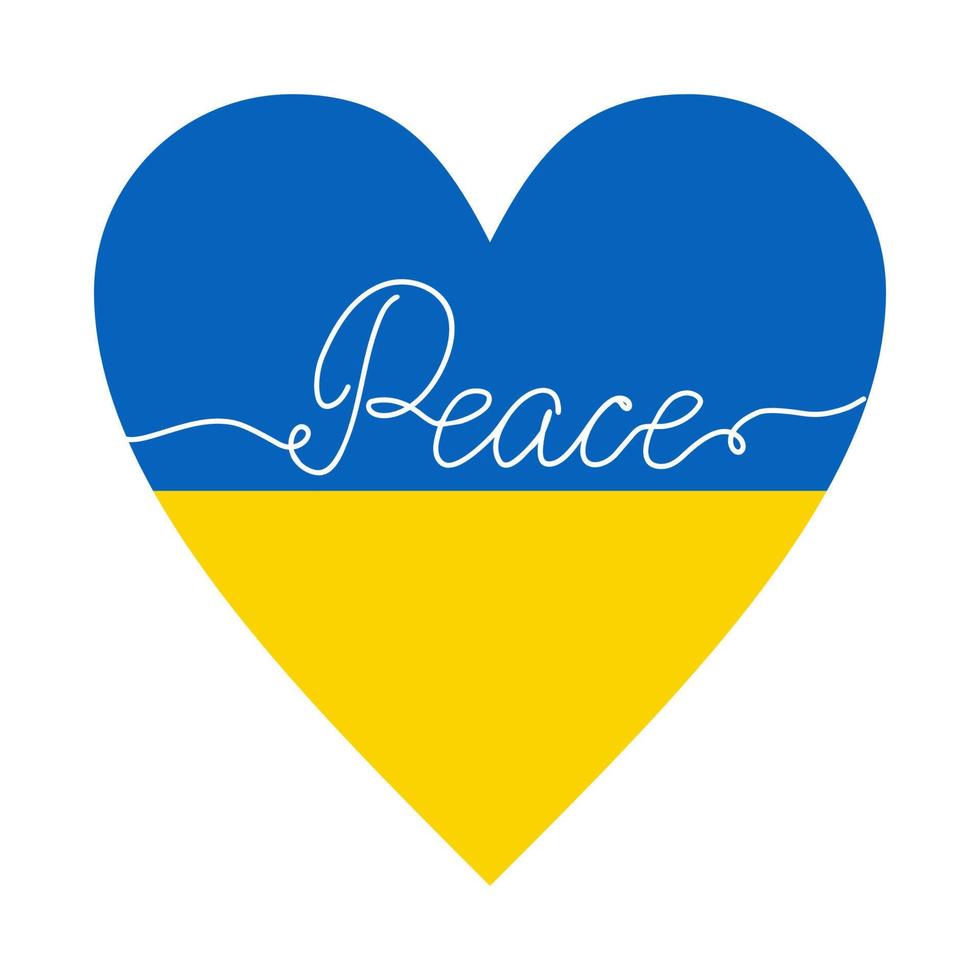 Symbol of peace and love with colors of Ukranian flag. Support of Ukraine concept. Heart with continuous line lettering. vector