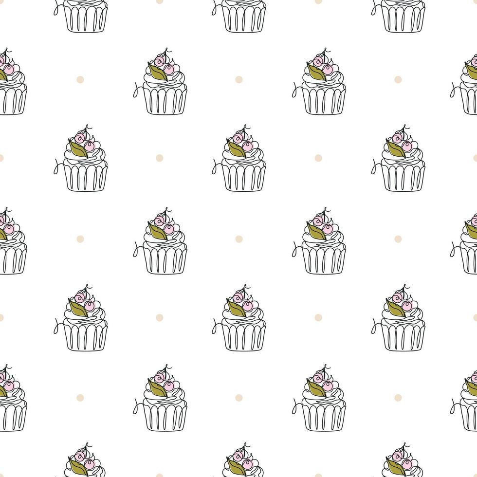 Seamless pattern with line art style cupcake. Vector texture in gentle colors. Cute minimalistic illustration for menu, paper, fabric, textile, wrapping, scrapbooking.