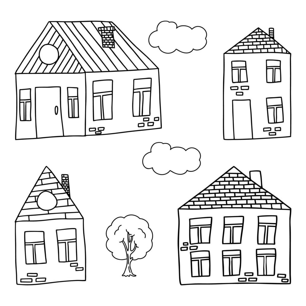 conjunto vectorial de casas al estilo garabato. coloración en blanco y negro de casas y árboles. vector