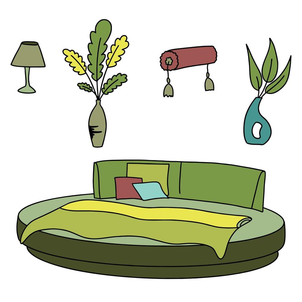 a set of bedroom interior items. round bed with a set of furniture. vector