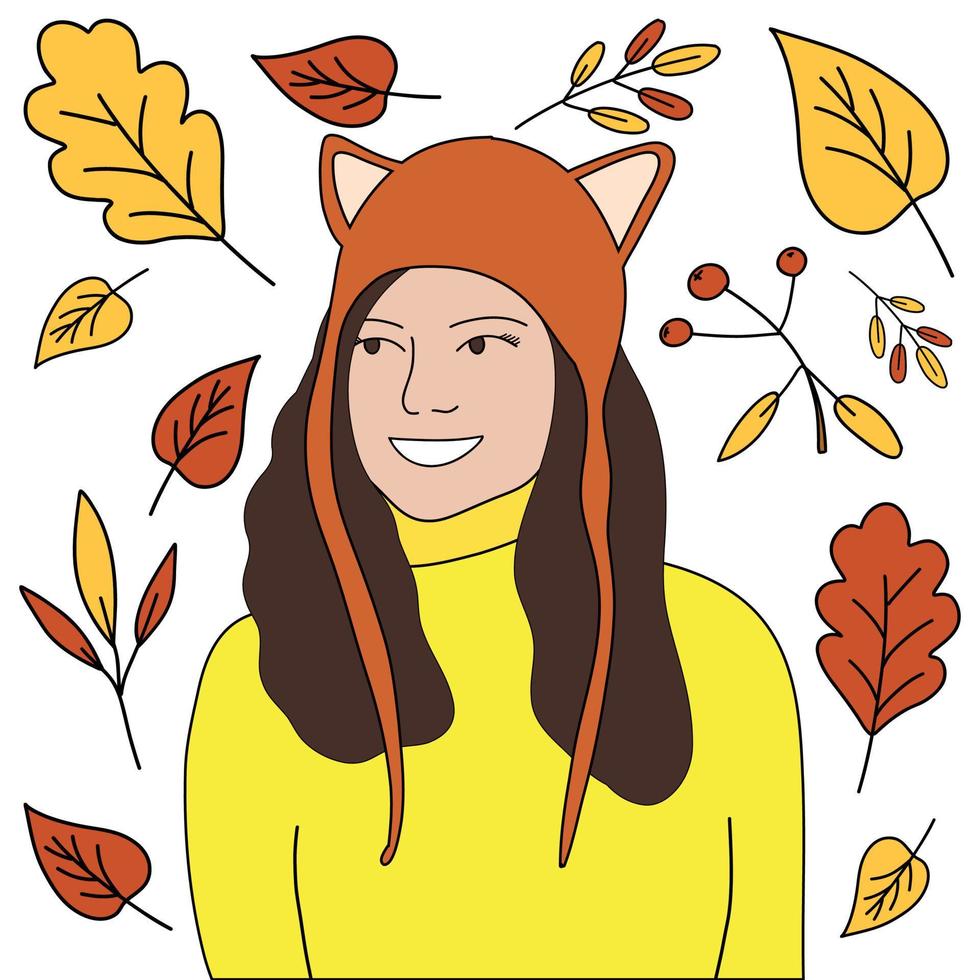 a pretty girl in a hat with ears and a sweater, against the background of autumn leaves. vector