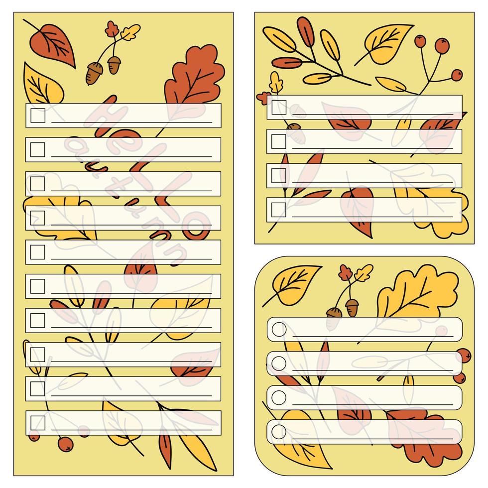 a set of autumn planner templates with illustrations for notes, ideas, plans, and budget tracking. vector