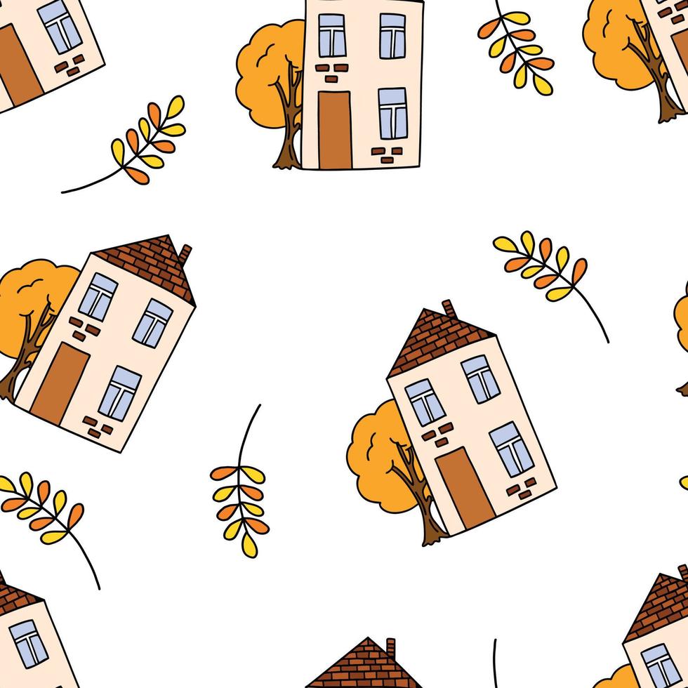 Casas de patrones sin fisuras, garabatos y dibujos animados sobre un fondo blanco. vector