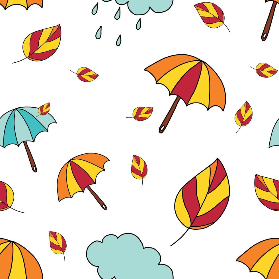 autumn seamless endless doodle-style pattern on a white background. umbrellas and leaves. vector