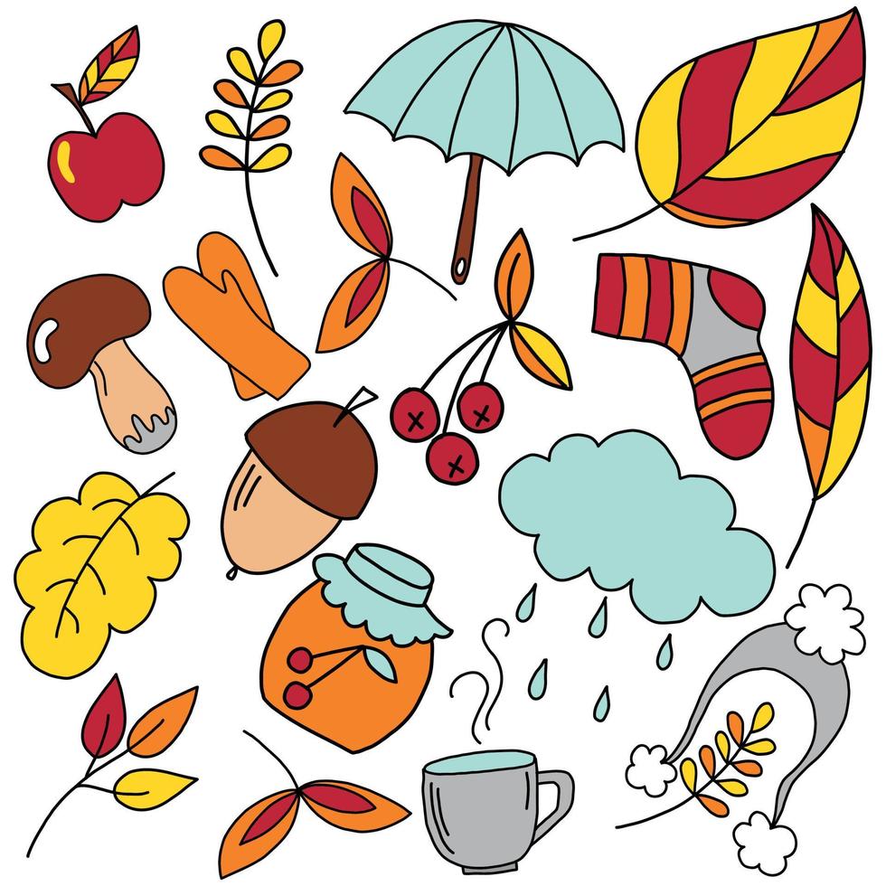 un conjunto de hojas de otoño y objetos al estilo garabato. ilustración vectorial aislada en un fondo blanco. vector