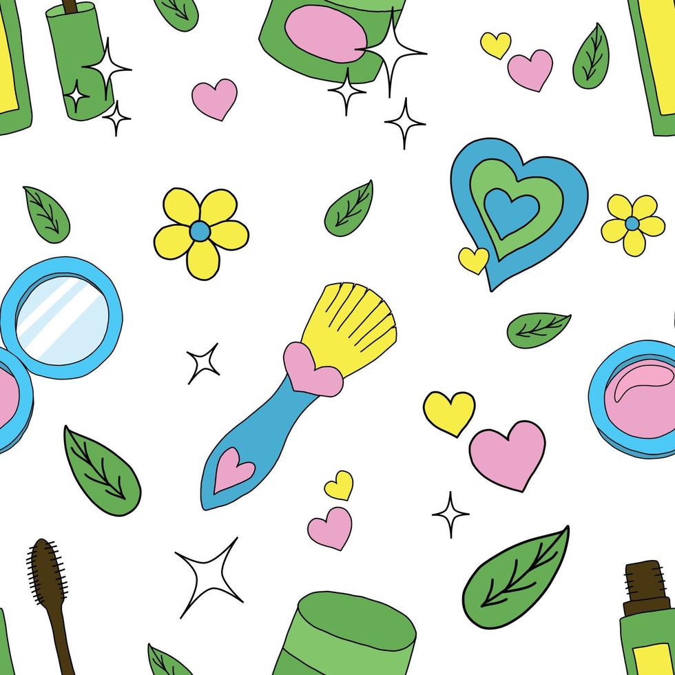 cute vector seamless endless pattern of decorative cosmetics with doodles.