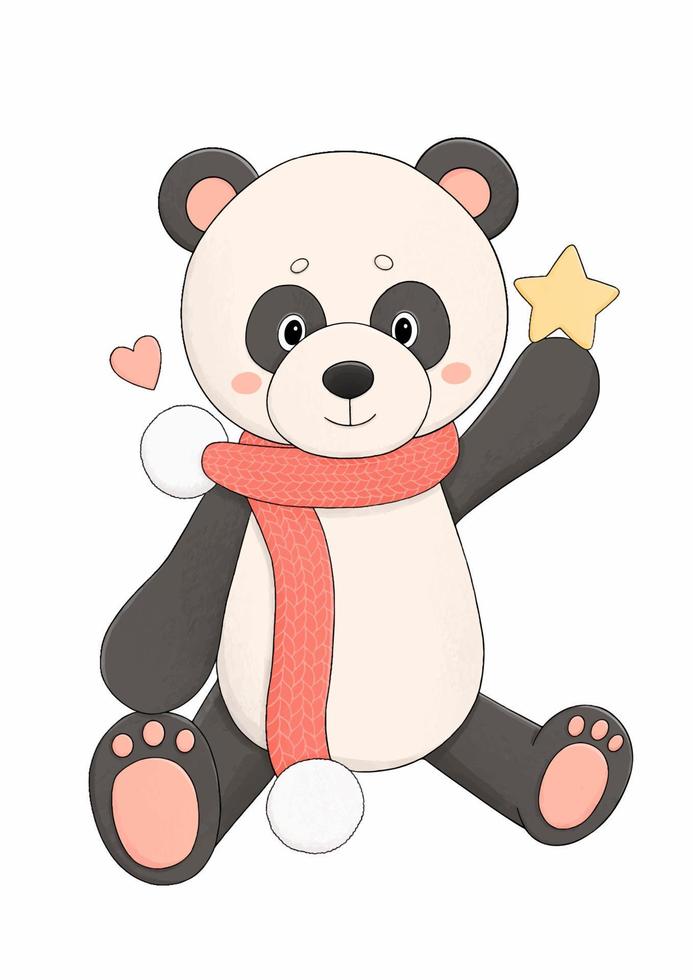 Cute panda in red scarf with yellow star vector