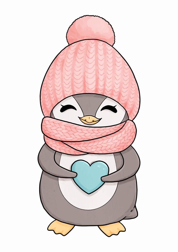 lindo bebé pingüino con sombrero rosa y bufanda vector