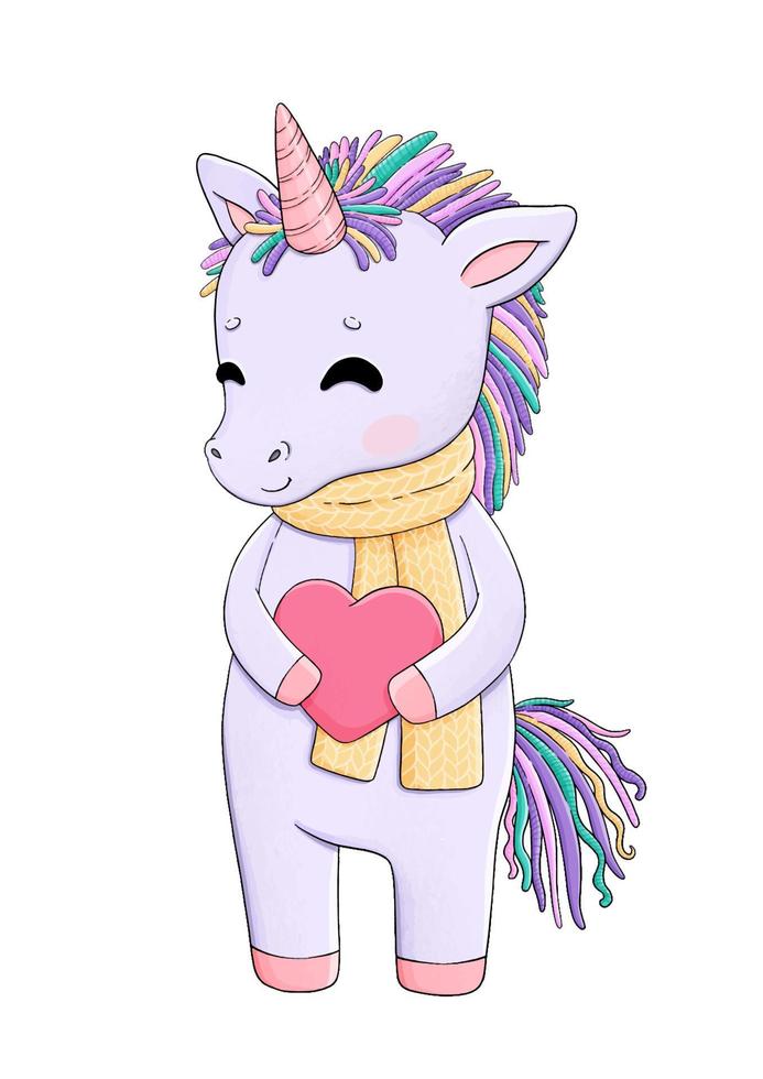 lindo pequeño unicornio lila con corazón rosa vector