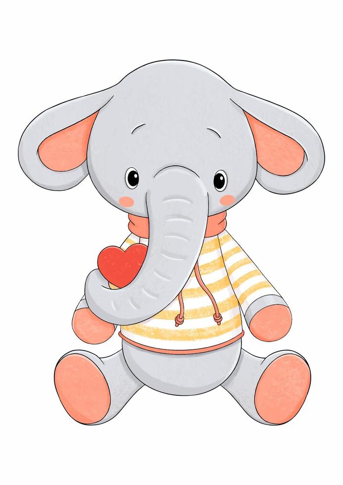 Cute baby elephant in striped sweater with heart vector illustration