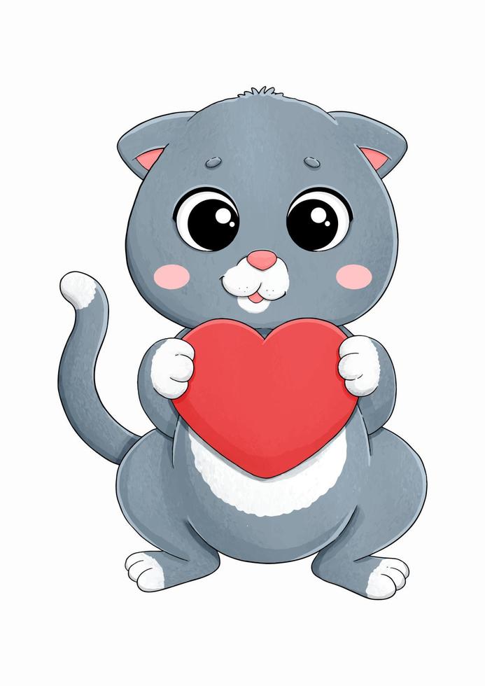 lindo gatito gris con corazón rojo vector