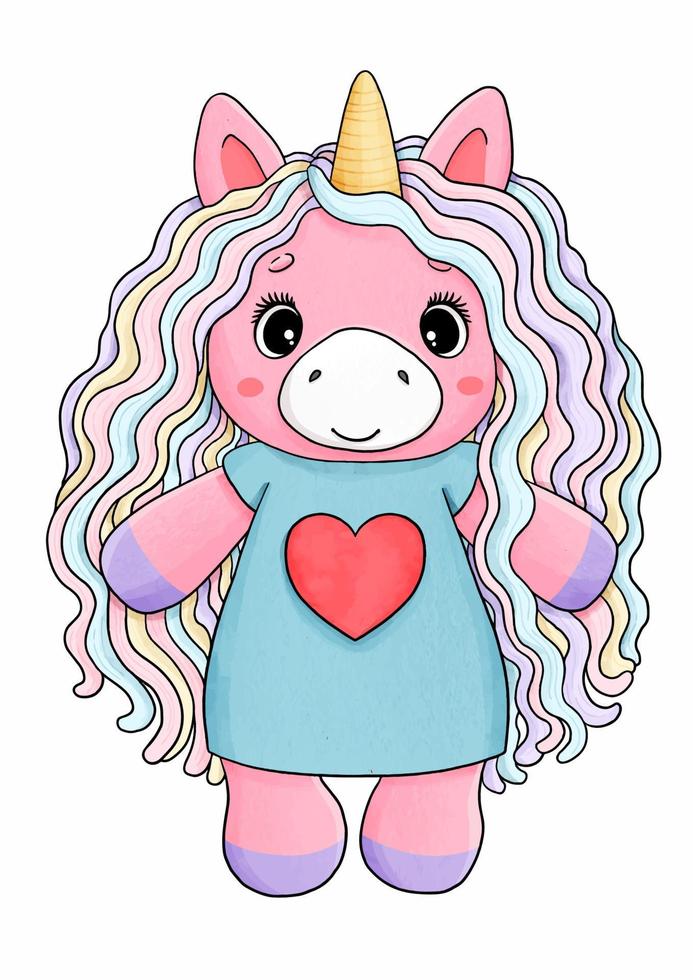 Cute baby unicorn with colorful hair and heart vector