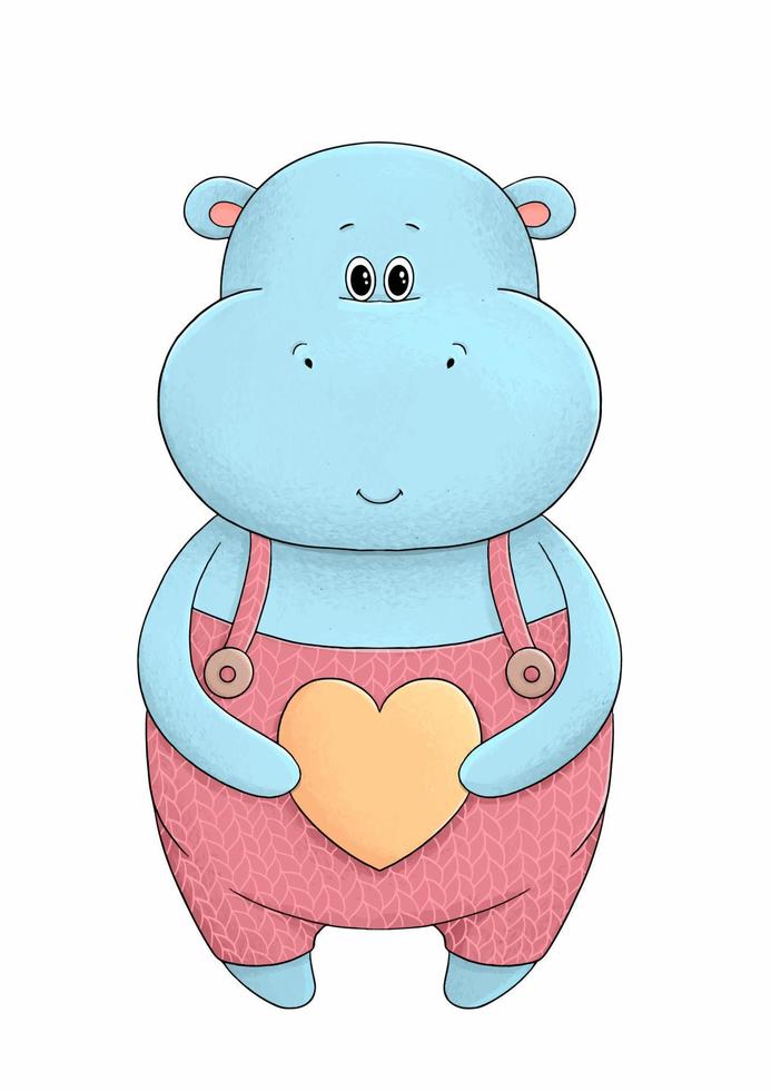 Cute hippo in overall with yellow heart vector