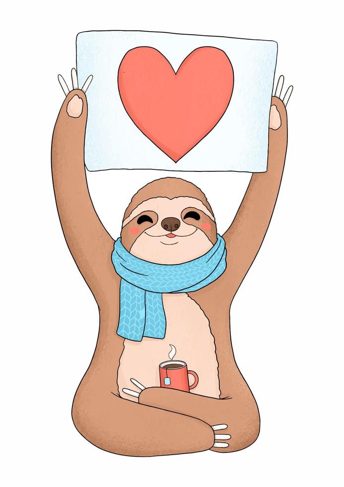 Cute sloth in scarf with coffee and heart vector