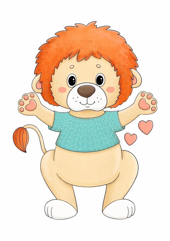 Cute little lion in blue t-shirt with hearts vector illustration