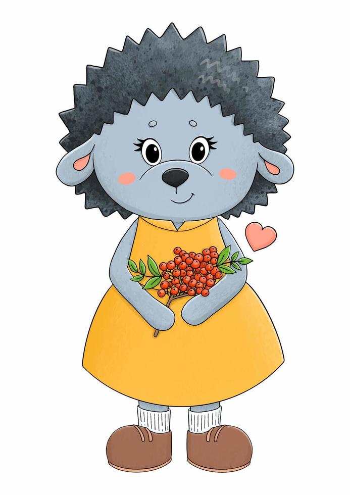 Cute grey hedgehog in yellow dress with rowan branch vector illustration