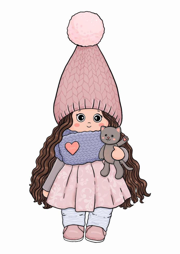 Cute little girl in hat with cat toy vector