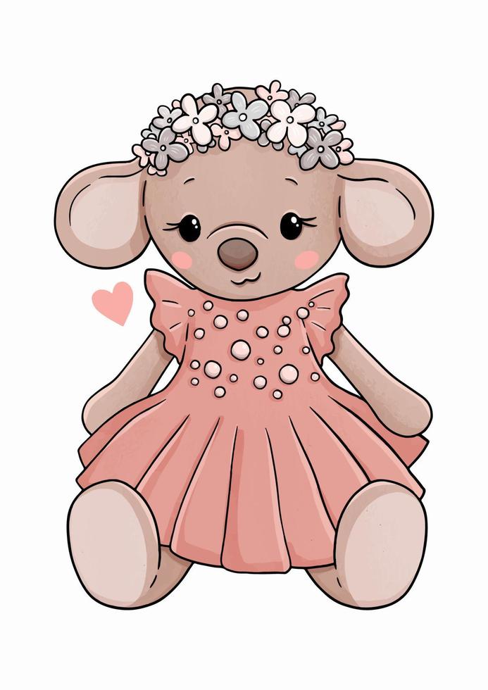 Mouse in pink dress with flowers vector illustration